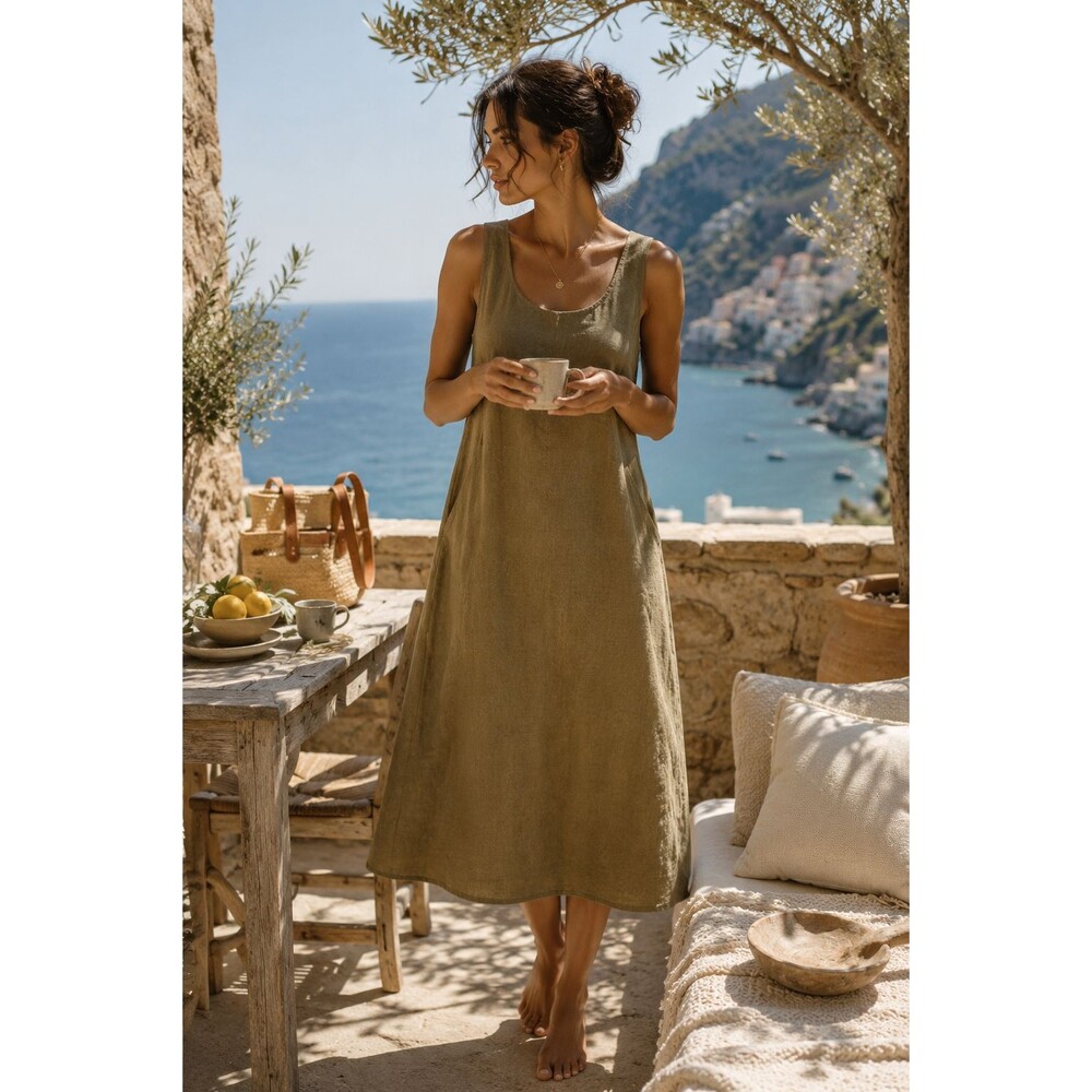 DKNY 100% Linen Midi Dress Olive Quiet Luxury Minimalist Size 4